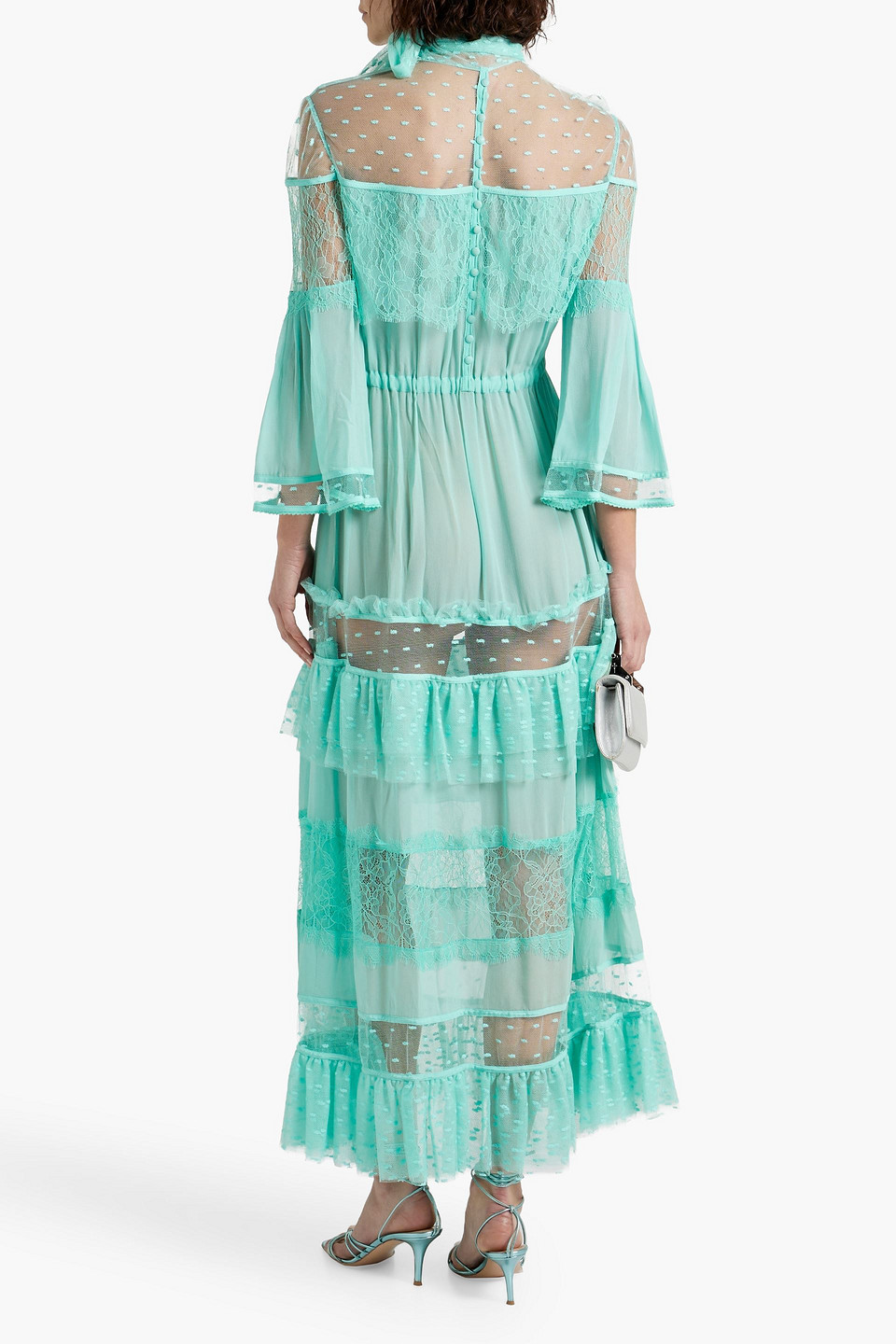 Shop Zuhair Murad Tiered Chiffon, Corded Lace And Point D'esprit Gown In Turquoise