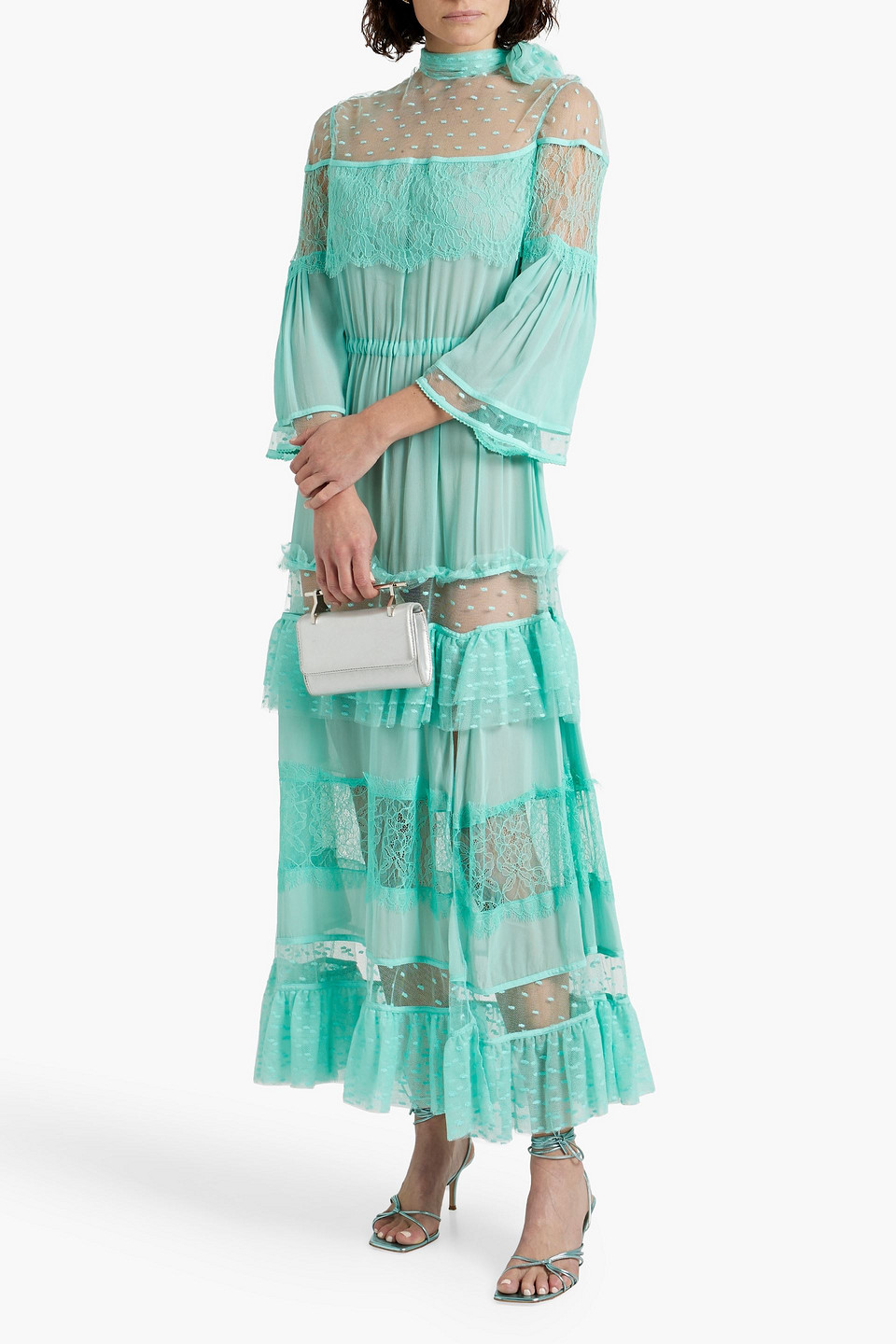 Zuhair Murad Tiered Chiffon, Corded Lace And Point D'esprit Gown In Turquoise