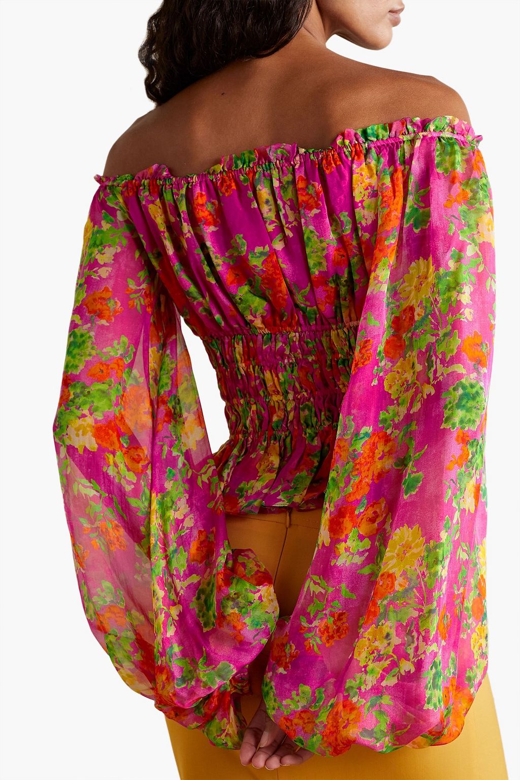 CAROLINE CONSTAS Sage off-the-shoulder shirred floral-print silk-chiffon top