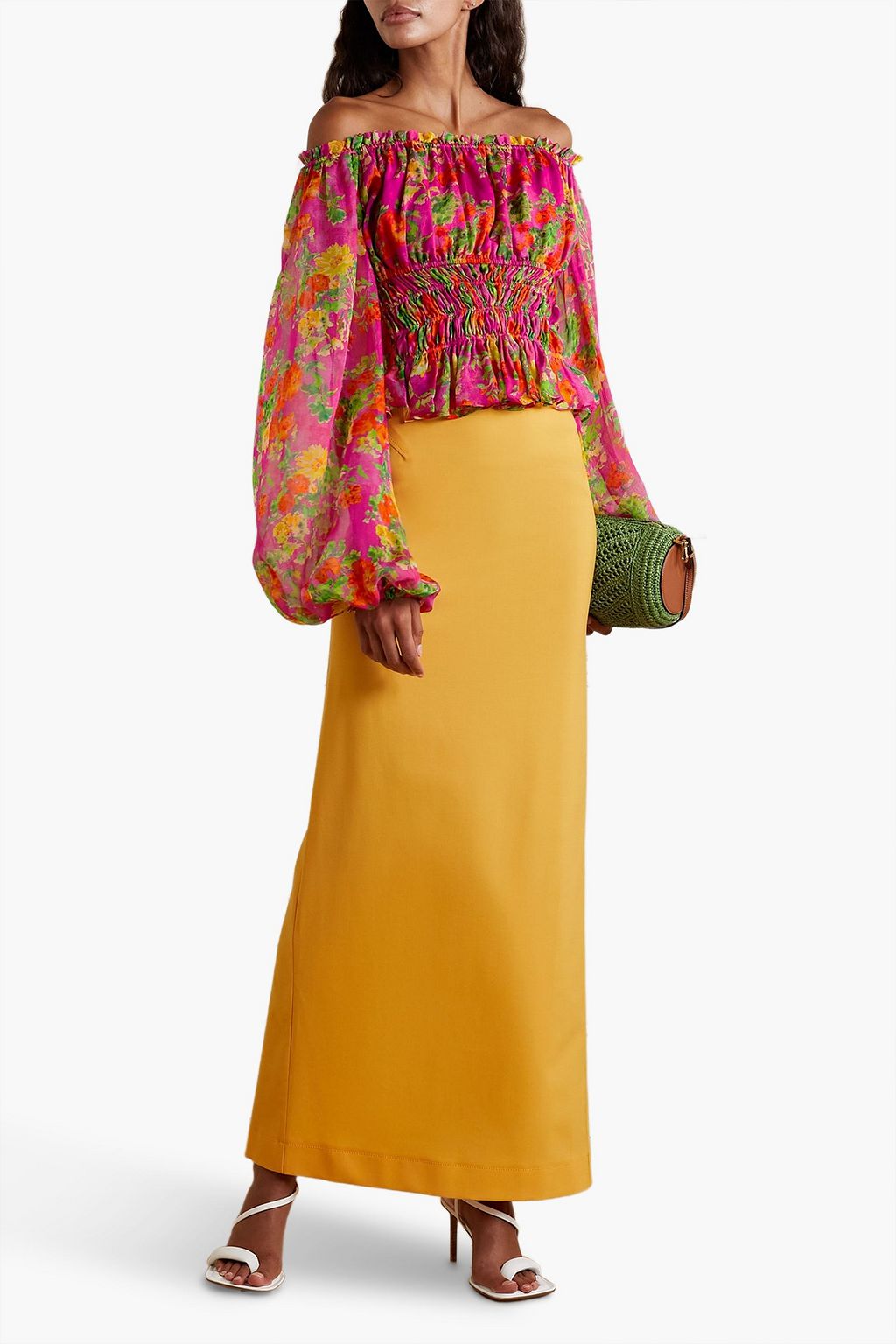 CAROLINE CONSTAS Sage off-the-shoulder shirred floral-print silk-chiffon top