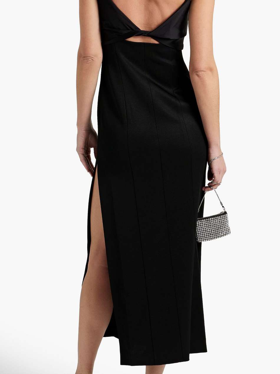 embellished cutout satin and crepe midi dress