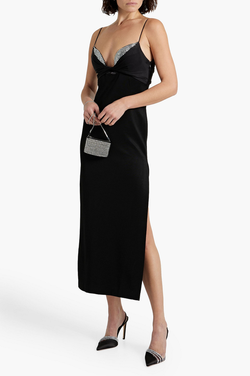 Shop Galvan Embellished Cutout Satin And Crepe Midi Dress In Black