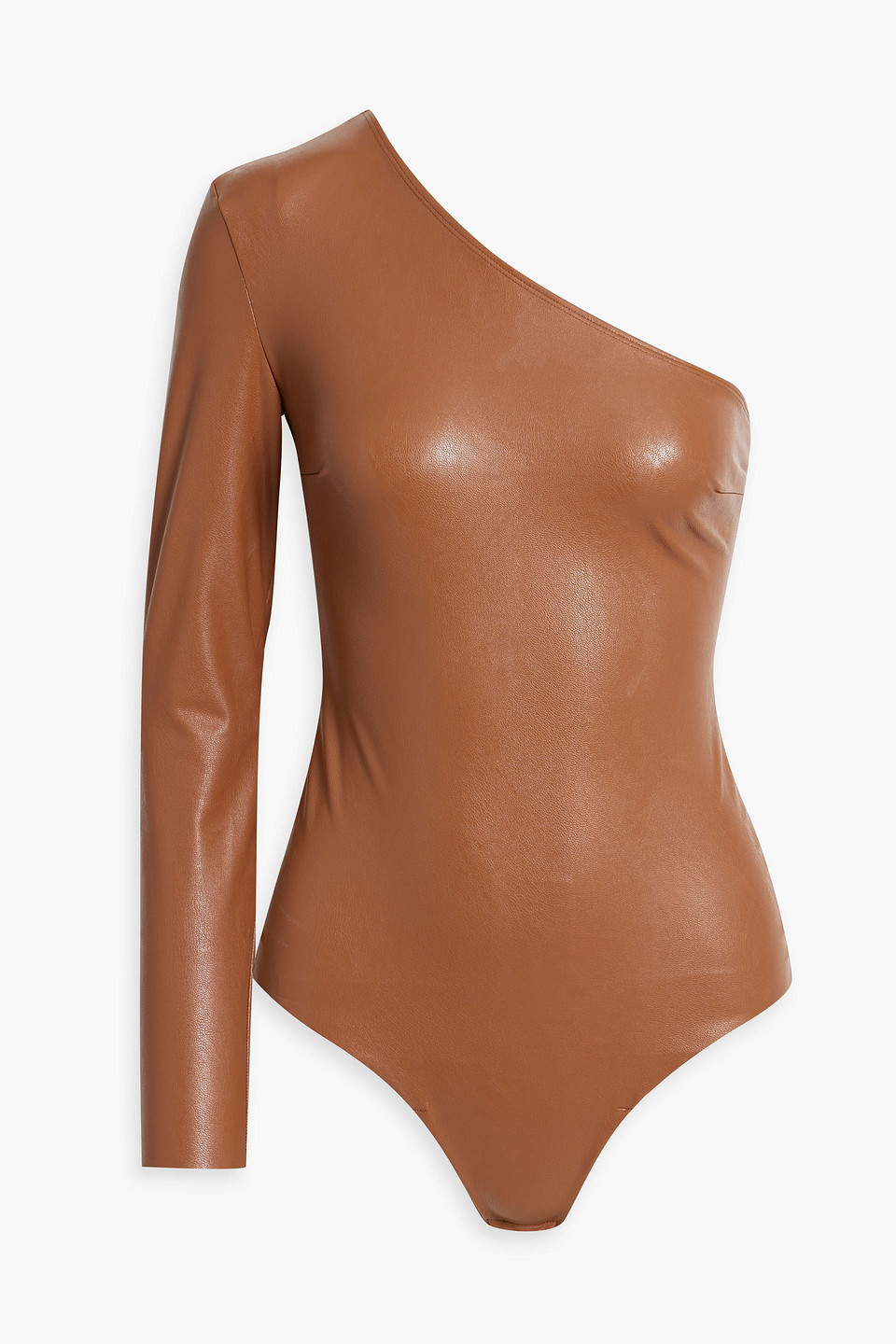 Shop Commando One-sleeve Faux Leather Bodysuit In Light Brown