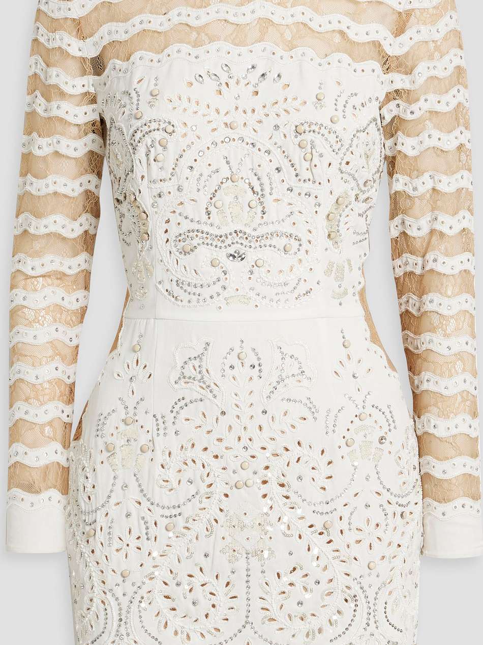 embellished corded lace and broderie anglaise mini dress