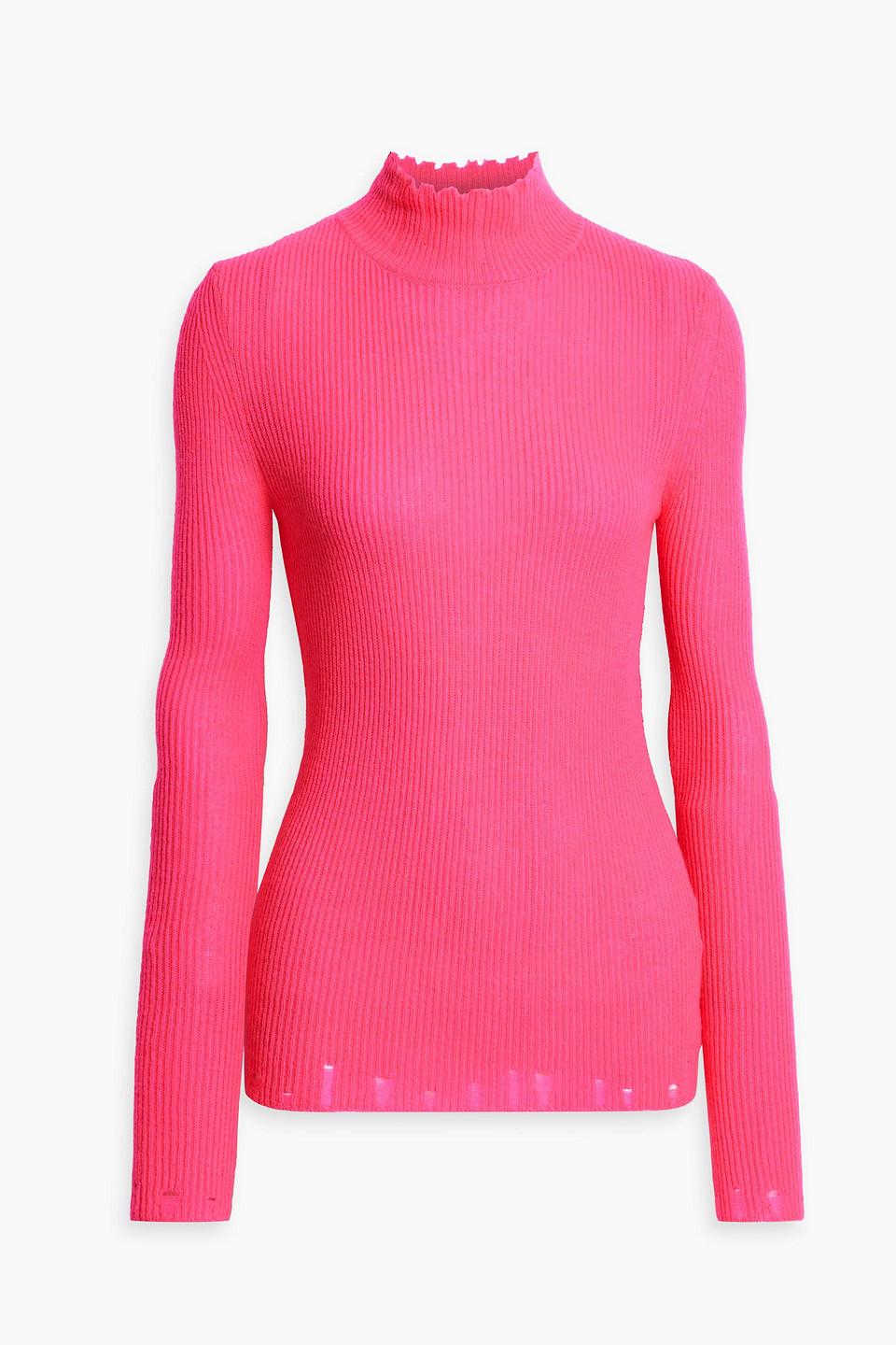 Les Rêveries Distressed Neon Ribbed Cashmere Turtleneck Sweater In Bright Pink