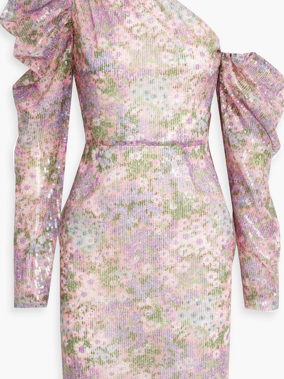 one-shoulder floral-print sequined tulle mini dress