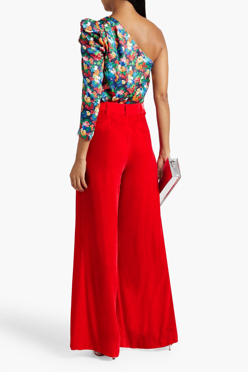 LES RÊVERIES One-sleeve floral-print silk-satin top