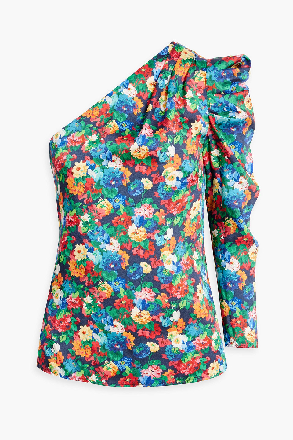 One-sleeve floral-print silk-satin top