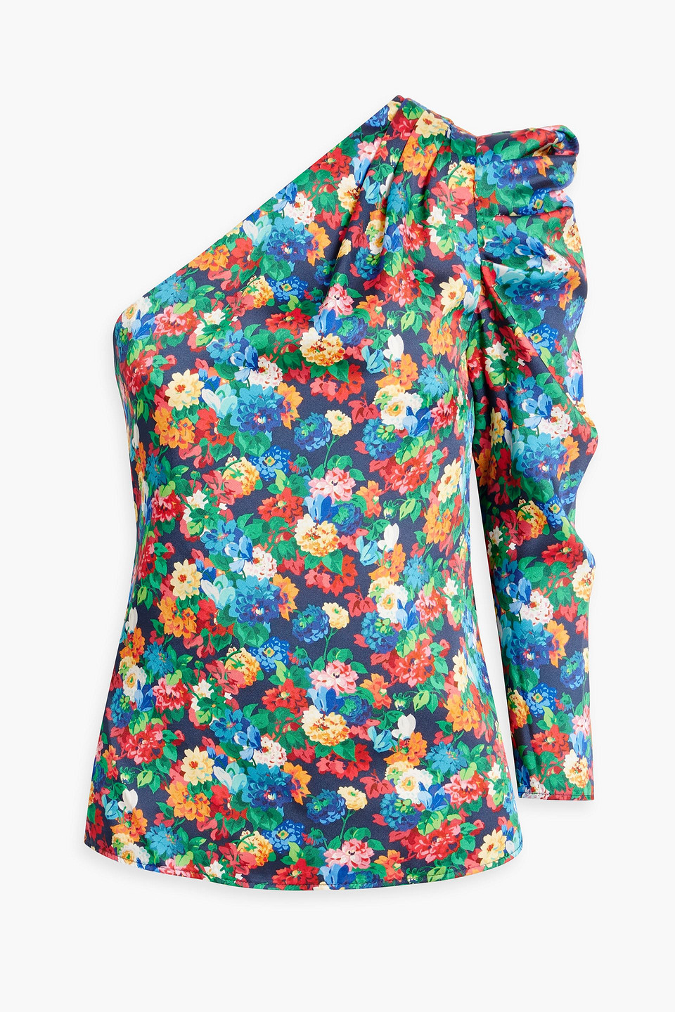 Les Rêveries One-sleeve Floral-print Silk-satin Top In Blue