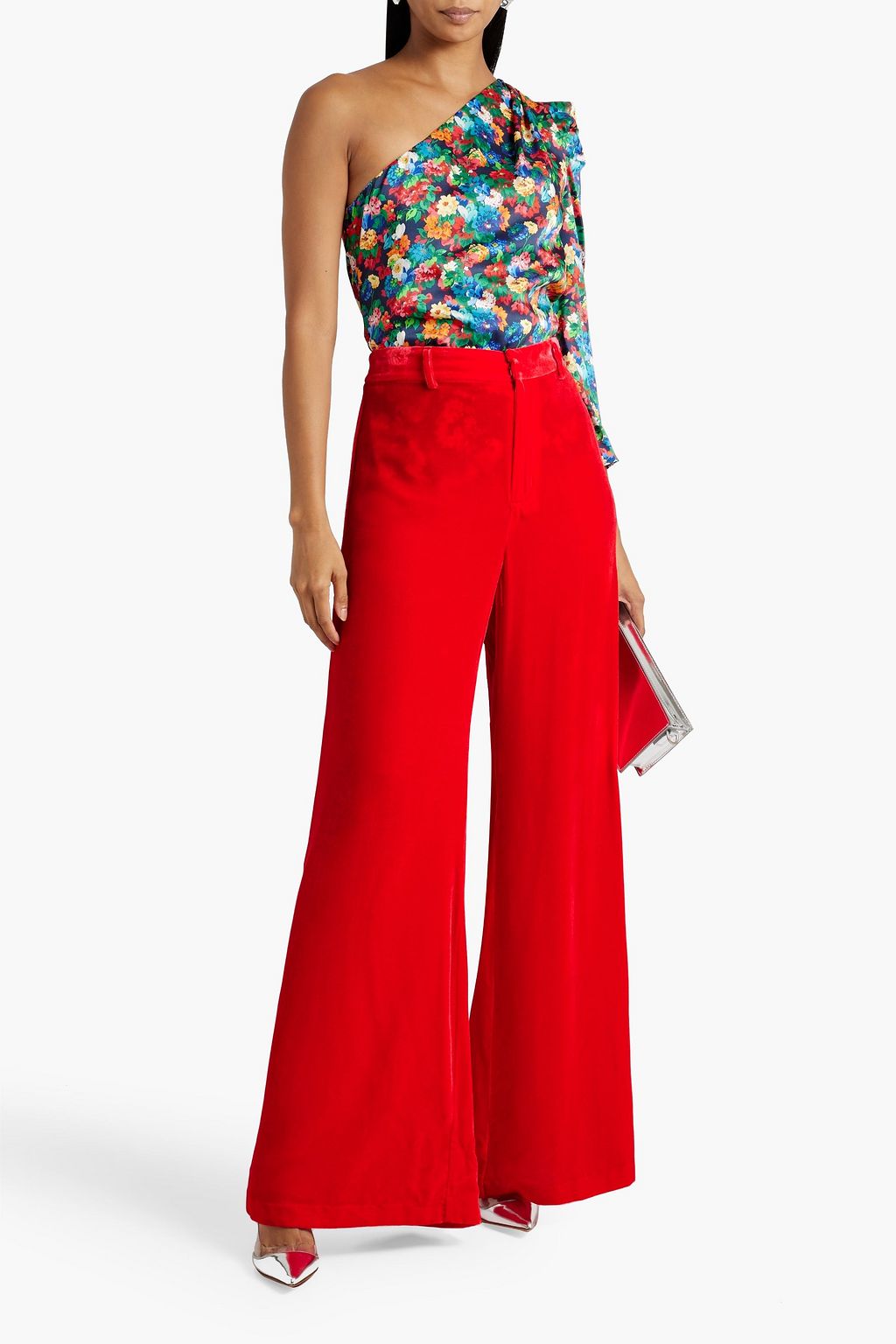 LES RÊVERIES One-sleeve floral-print silk-satin top