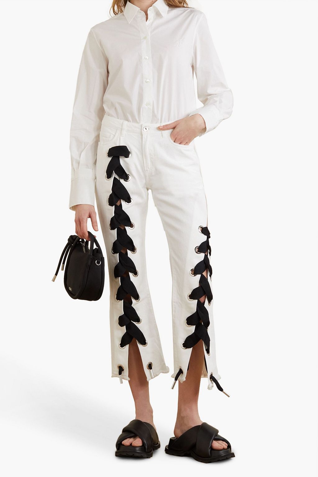 MARQUES' ALMEIDA Cropped lace-up frayed mid-rise flared jeans