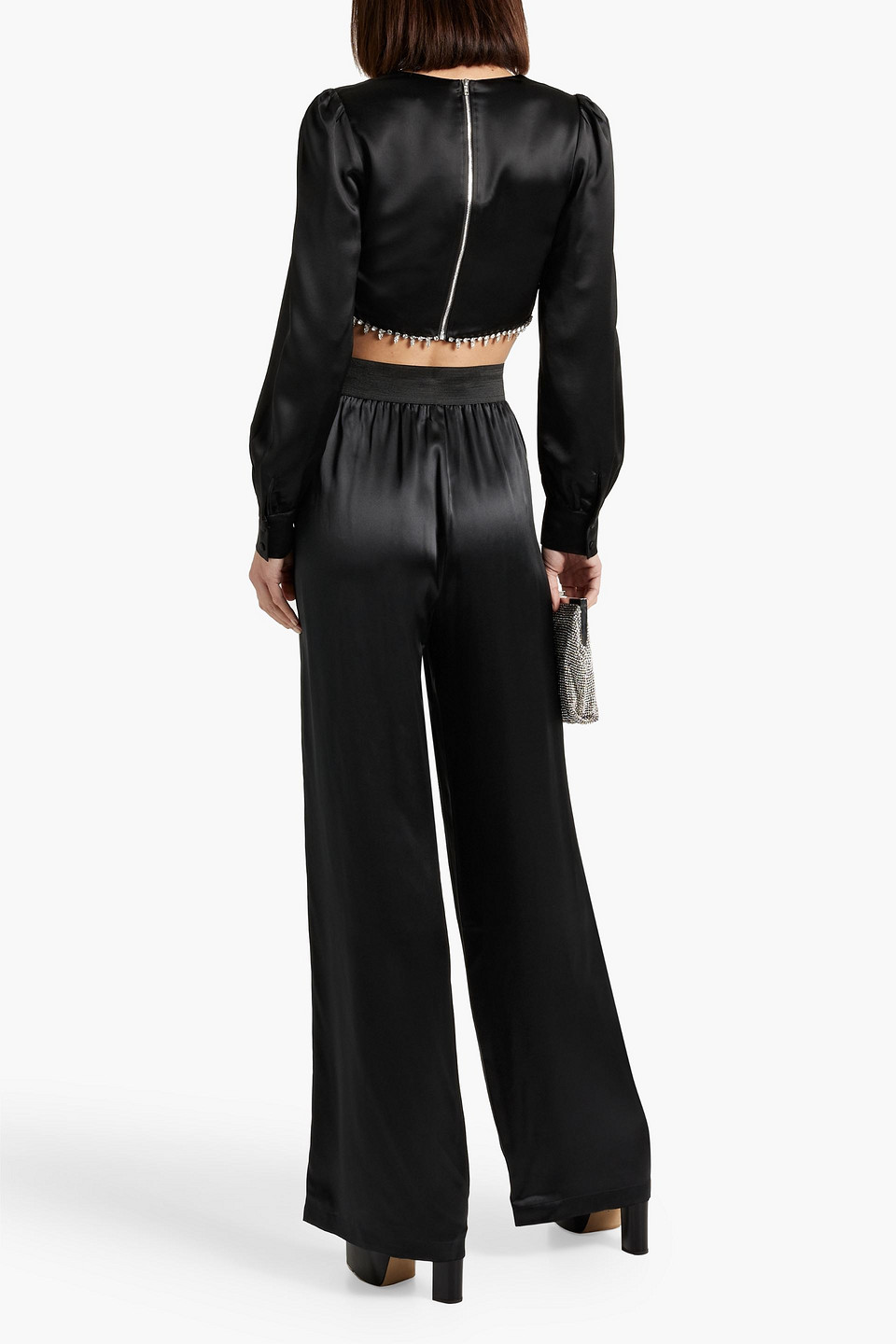 Shop Cami Nyc Abel Cropped Crystal-embellished Satin Top In Black