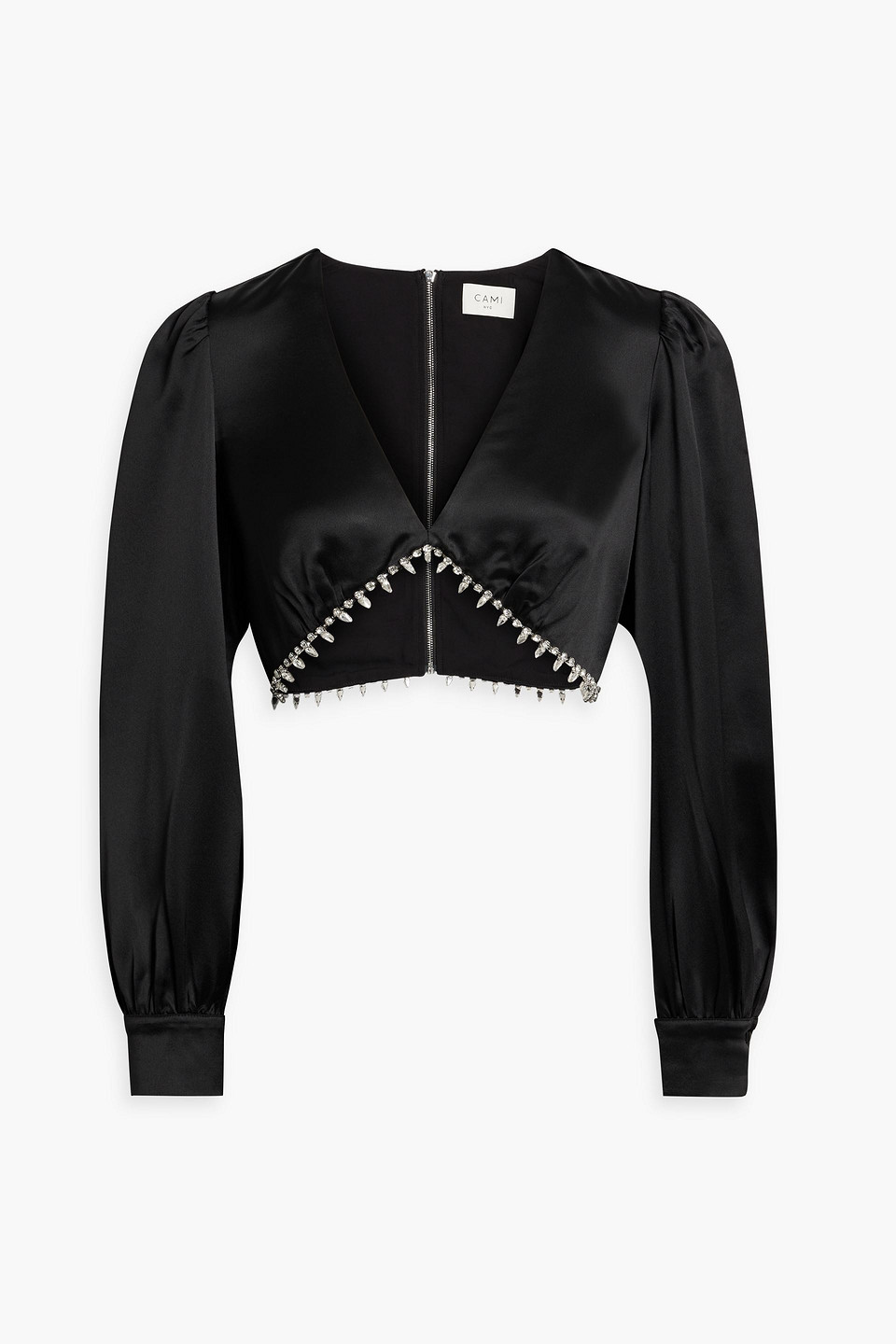 Cami Nyc Abel Cropped Crystal-embellished Satin Top In Black