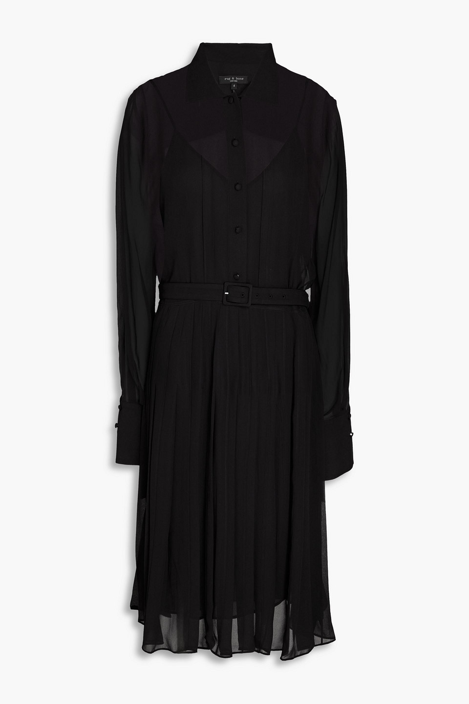 Rag & Bone Shane Belted Pleated Chiffon Midi Shirt Dress In Black