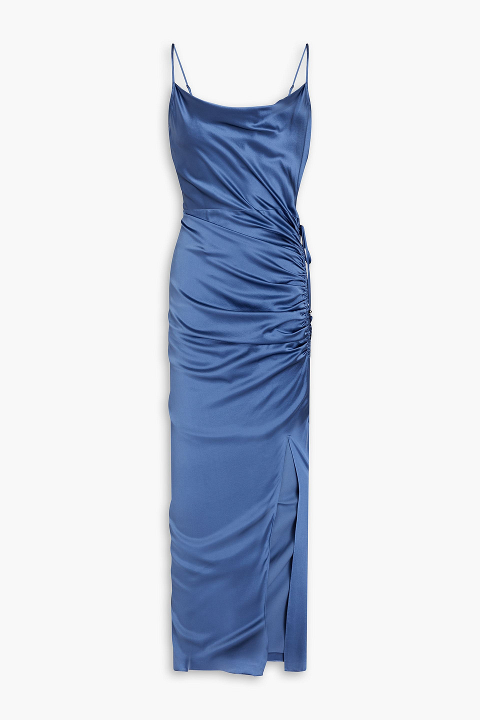 Veronica Beard Ruched Silk-blend Satin Maxi Slip Dress In Storm Blue