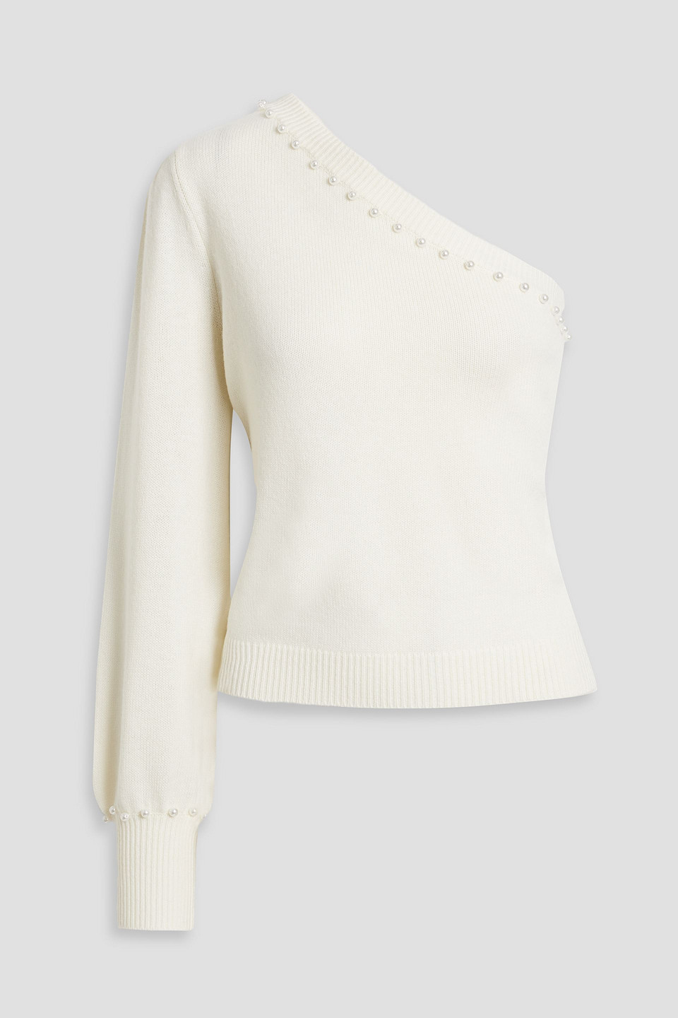 Shop Cami Nyc Virginia One-sleeve Faux Pearl-embellished Merino Wool Sweater In Ivory