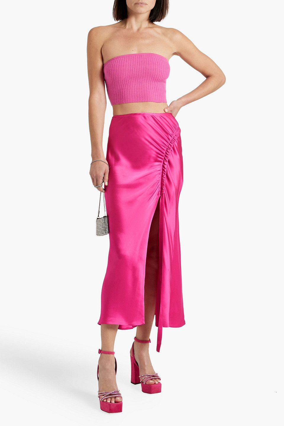 Lapointe Ruched Satin-crepe Midi Skirt In Bright Pink
