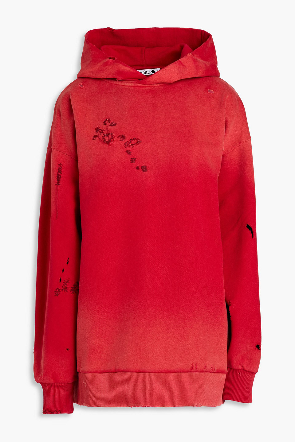 Acne Studios Fikka Distressed Embroidered Cotton-fleece Hoodie In Red