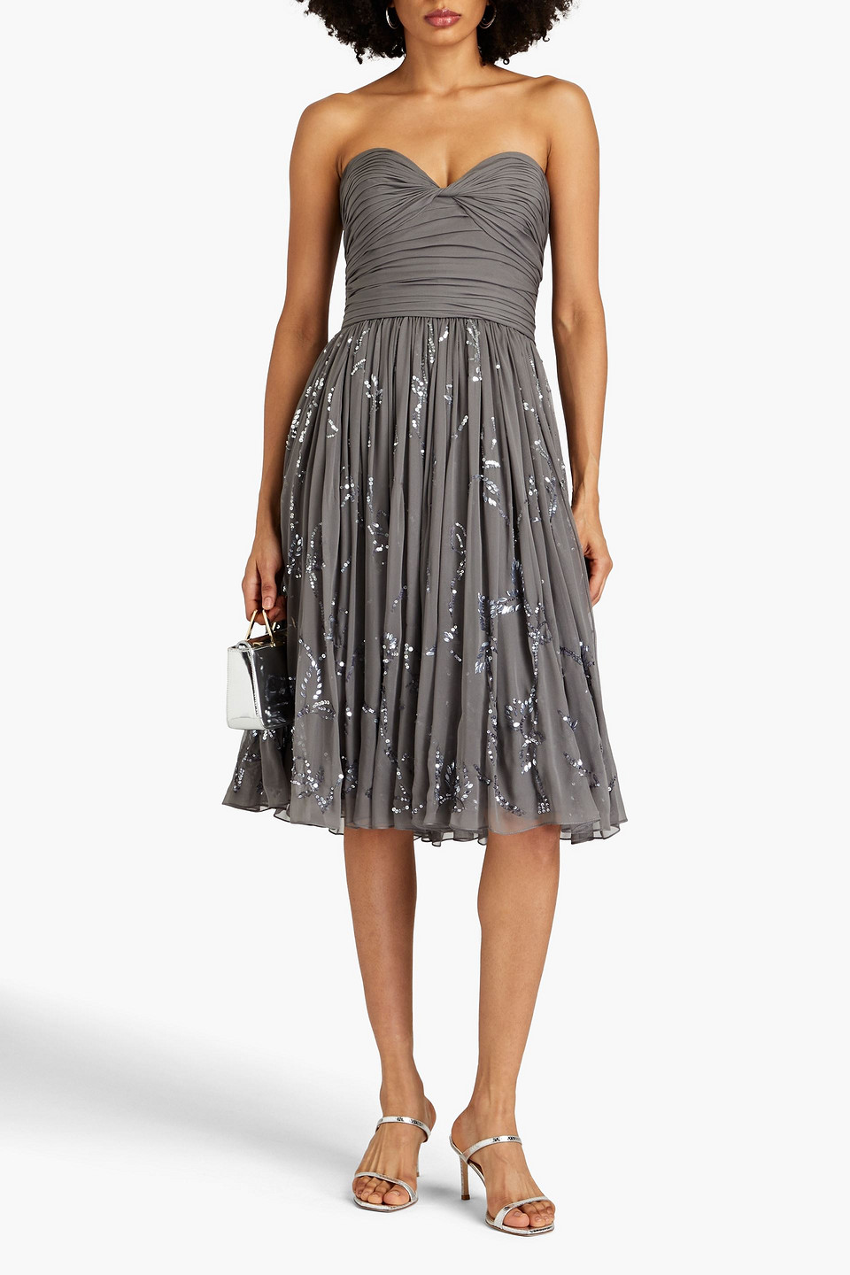 OSCAR DE LA RENTA STRAPLESS SEQUIN-EMBELLISHED PLISSÉ SILK-CHIFFON DRESS
