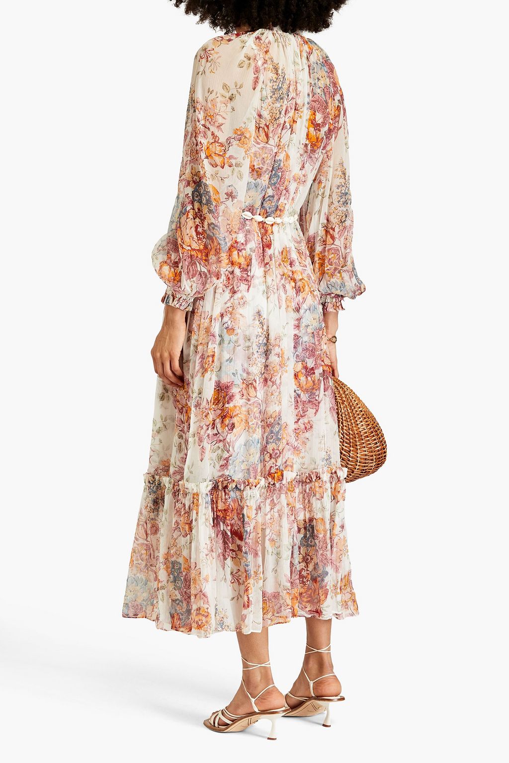 ZIMMERMANN Midikleid aus Seidenkrepon mit floralem Print und Rüschen