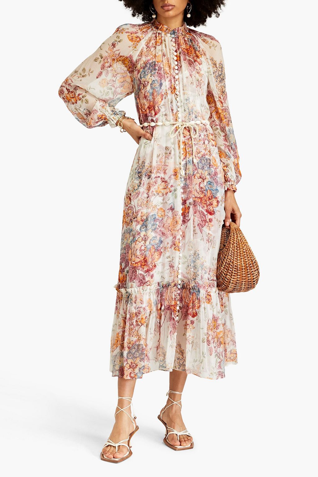 ZIMMERMANN Midikleid aus Seidenkrepon mit floralem Print und Rüschen