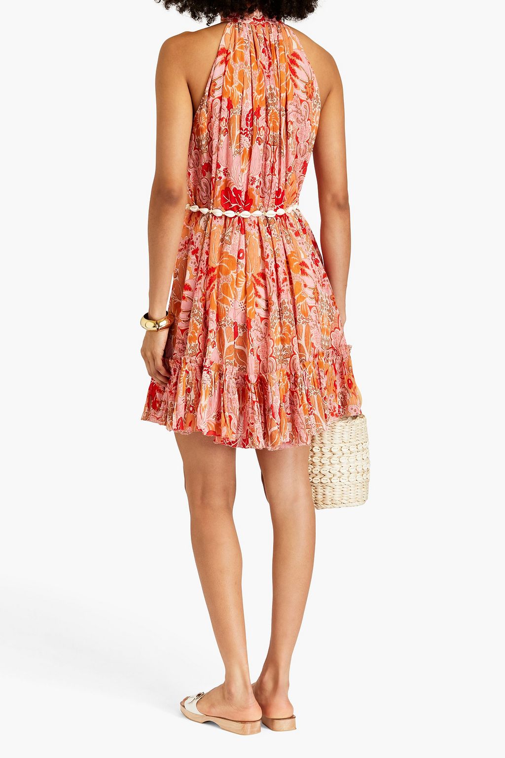 ZIMMERMANN Belted printed cotton and silk-blend crepon halterneck mini dress