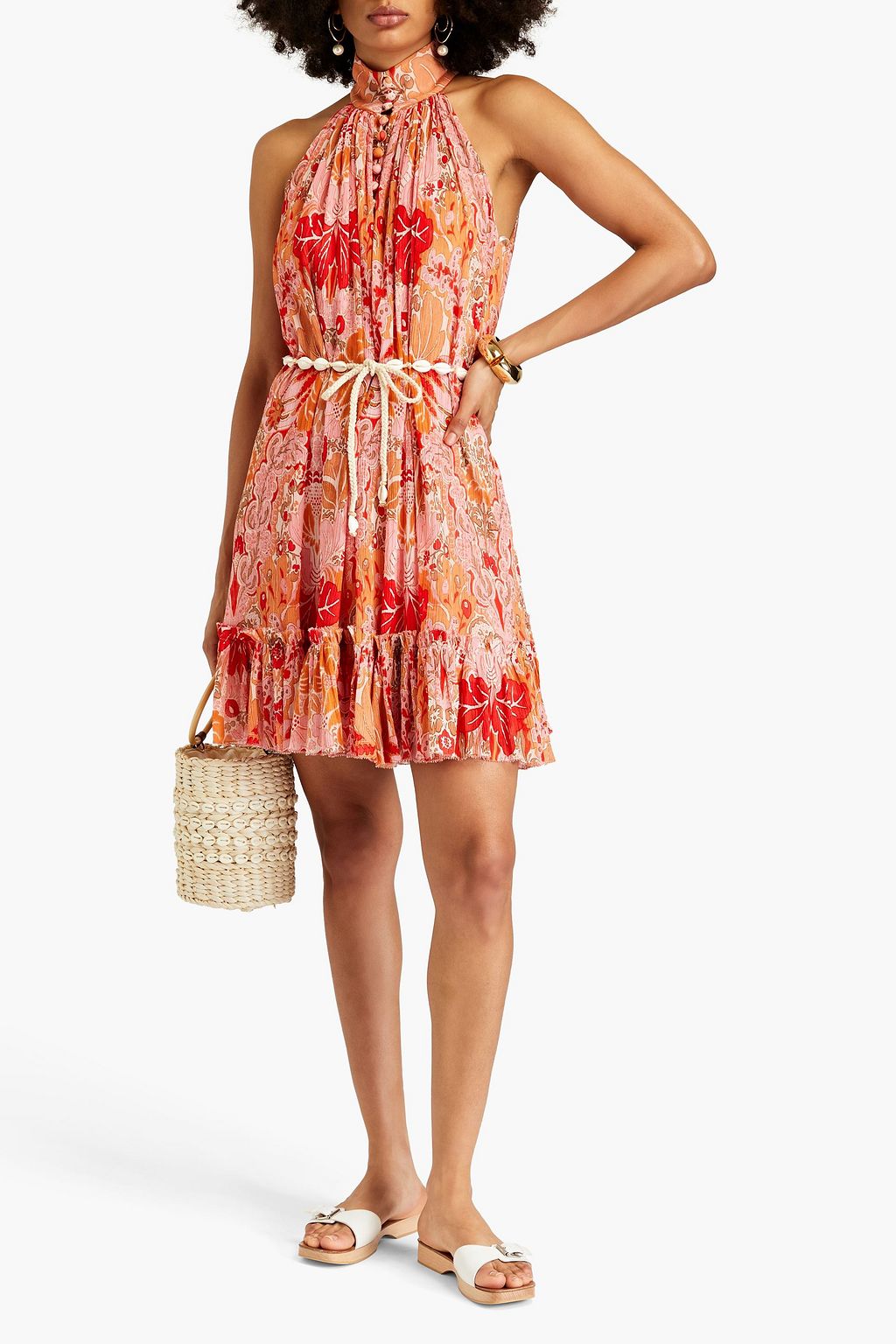ZIMMERMANN Belted printed cotton and silk-blend crepon halterneck mini dress