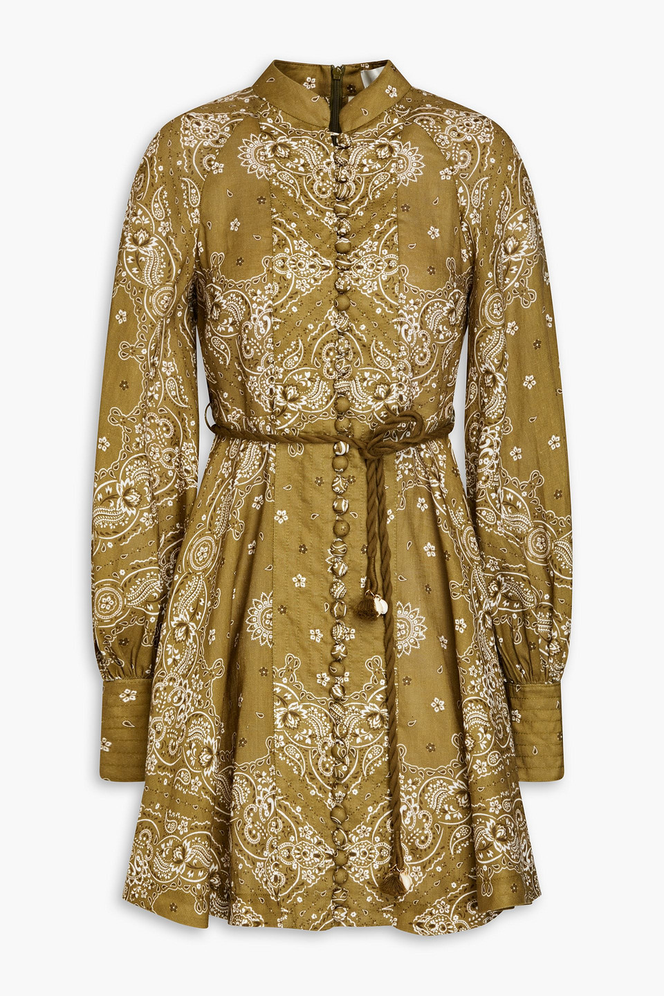 Zimmermann Pleated Paisley-print Linen Mini Dress In Green | ModeSens