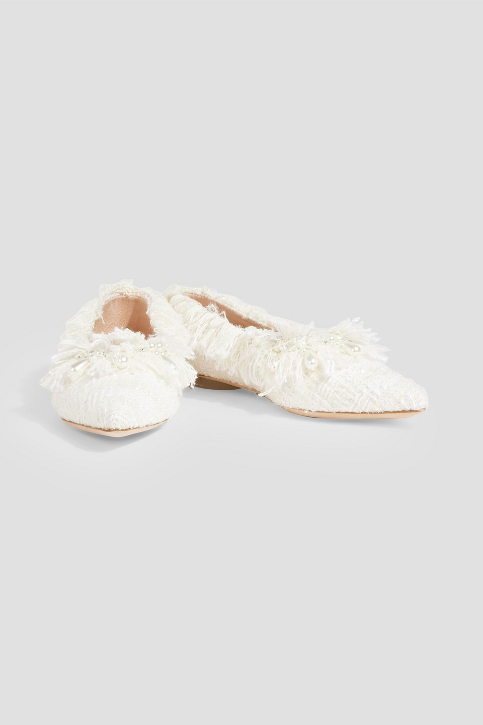 Shop Simone Rocha Embellished Tweed Point-toe Flats In Ivory