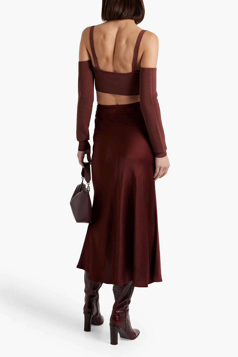 Shop Lapointe Ruched Satin-crepe Midi Skirt In Merlot