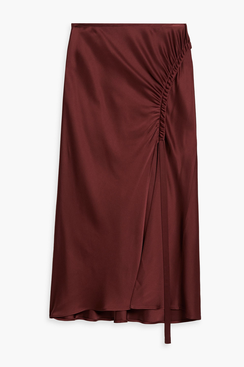 Lapointe Ruched Satin-crepe Midi Skirt In Merlot