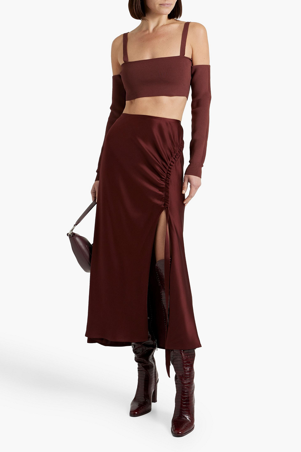 Shop Lapointe Ruched Satin-crepe Midi Skirt In Merlot