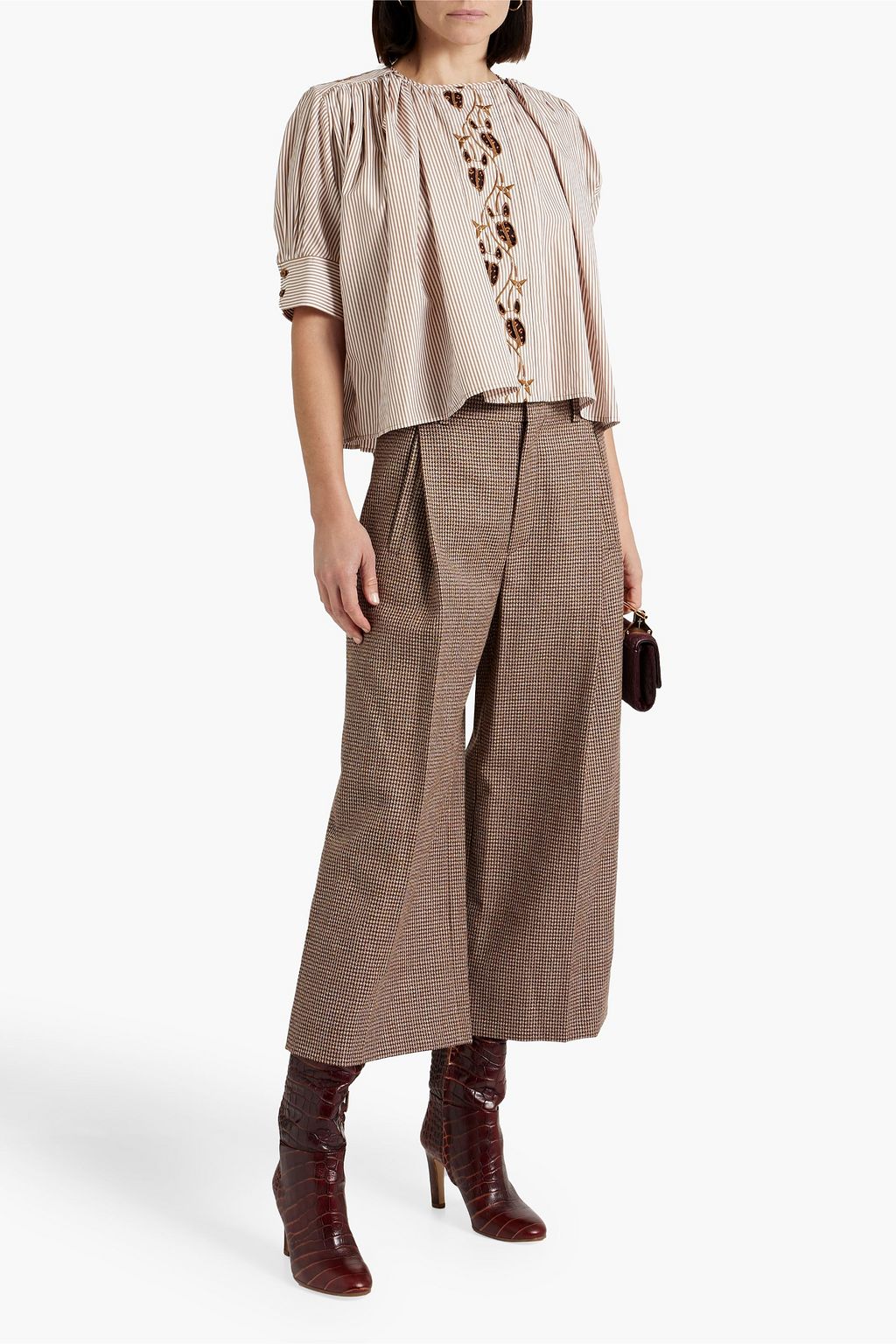 CHLOÉ Pleated houndstooth wool-tweed culottes