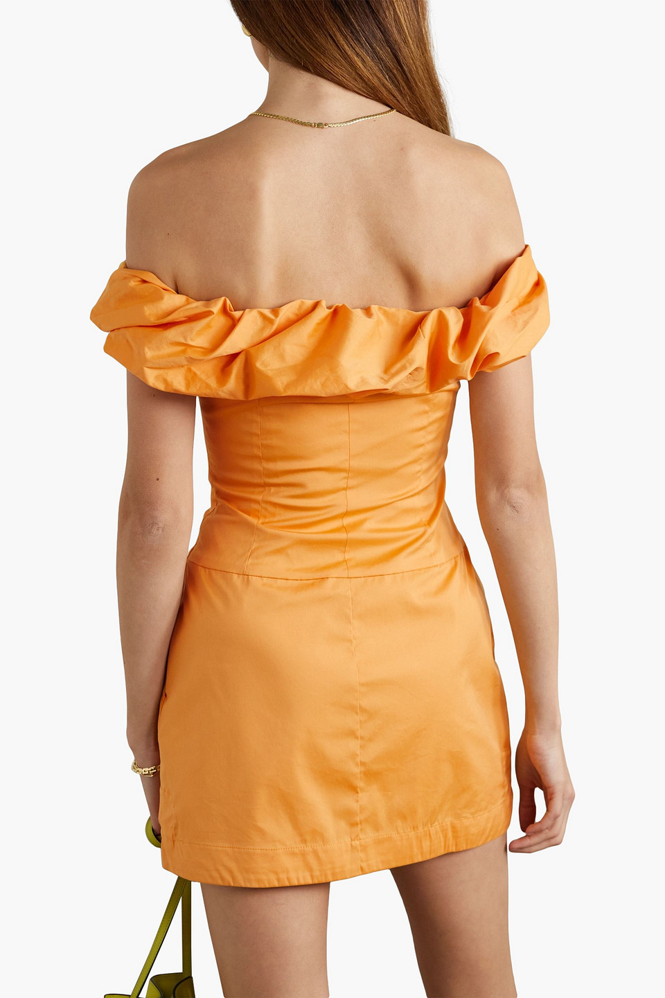 Shop Bondi Born Madeira Off-the-shoulder Ruffled Cotton-blend Poplin Mini Dress In Saffron