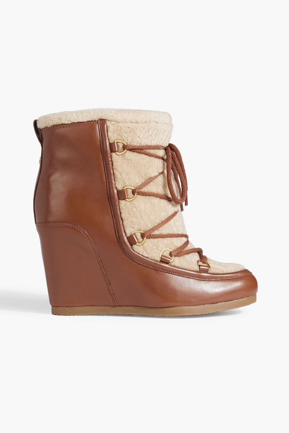 Shop Veronica Beard Elfred Leather And Shearling Wedge Boots In Tan