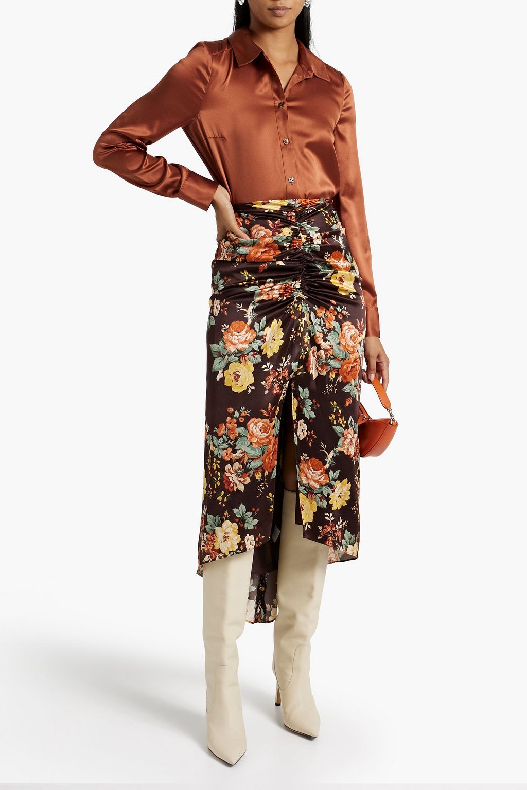 VERONICA BEARD Pixie ruched floral-print stretch-silk satin midi skirt ...