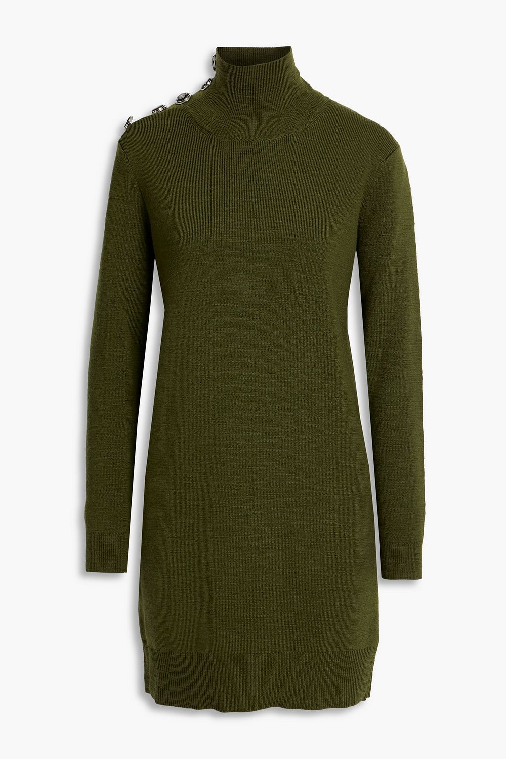 Banner button-detailed merino wool turtleneck mini dress