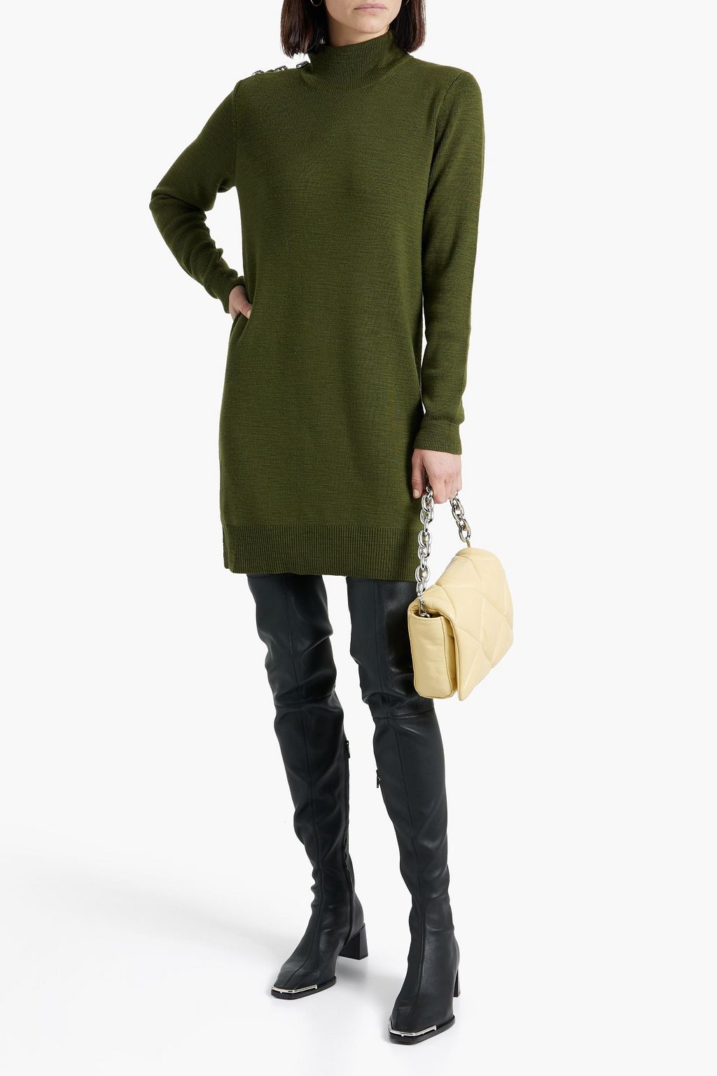VERONICA BEARD Banner button-detailed merino wool turtleneck mini dress