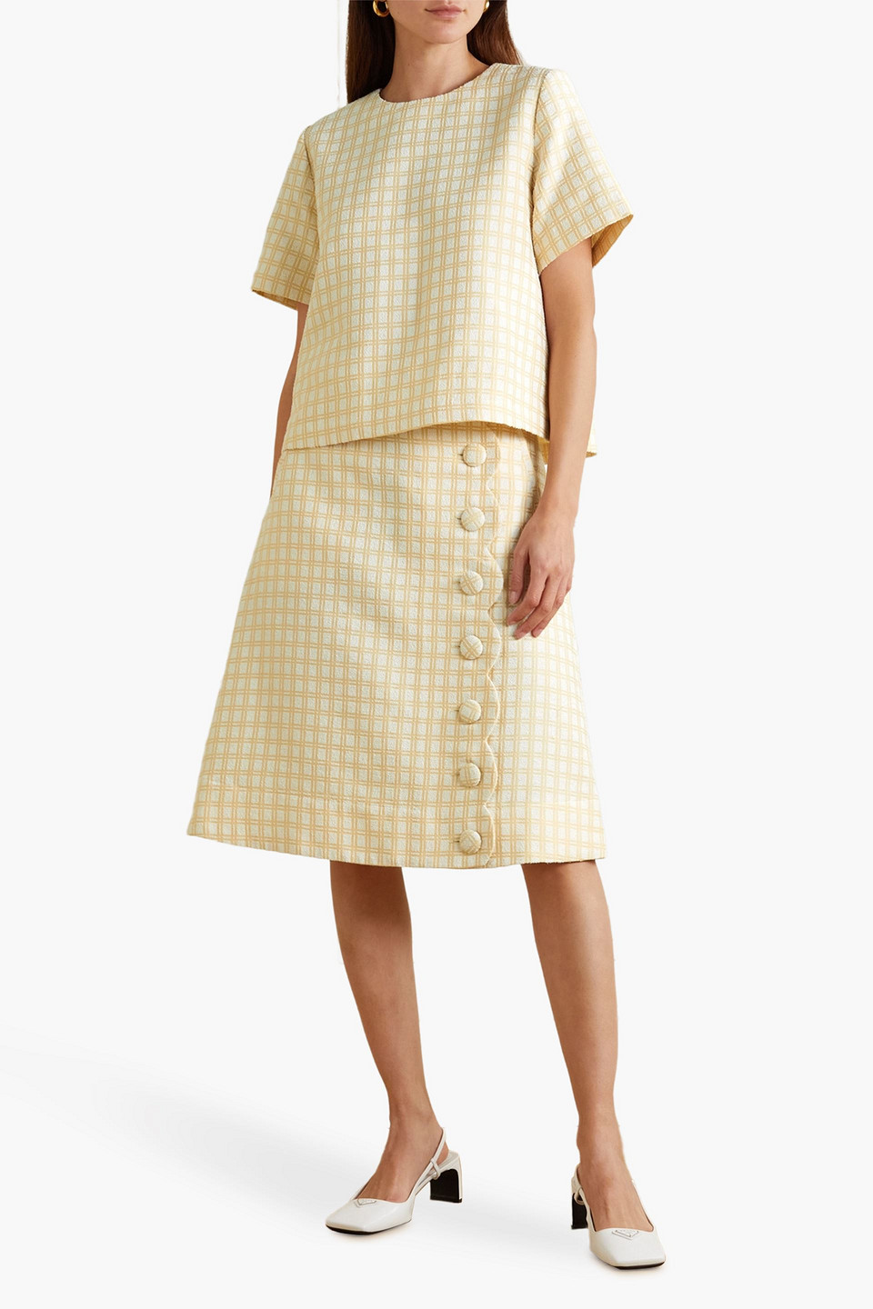 Shop Lisa Marie Fernandez Scalloped Checked Cotton-blend Bouclé-jacquard Skirt In Yellow