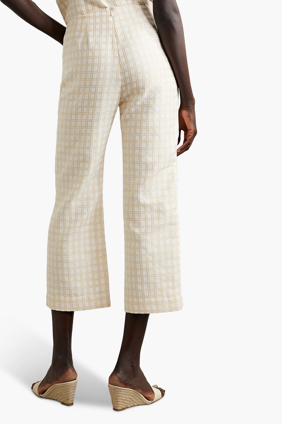 Shop Lisa Marie Fernandez Cropped Checked Cotton-blend Bouclé-jacquard Straight-leg Pants In Yellow