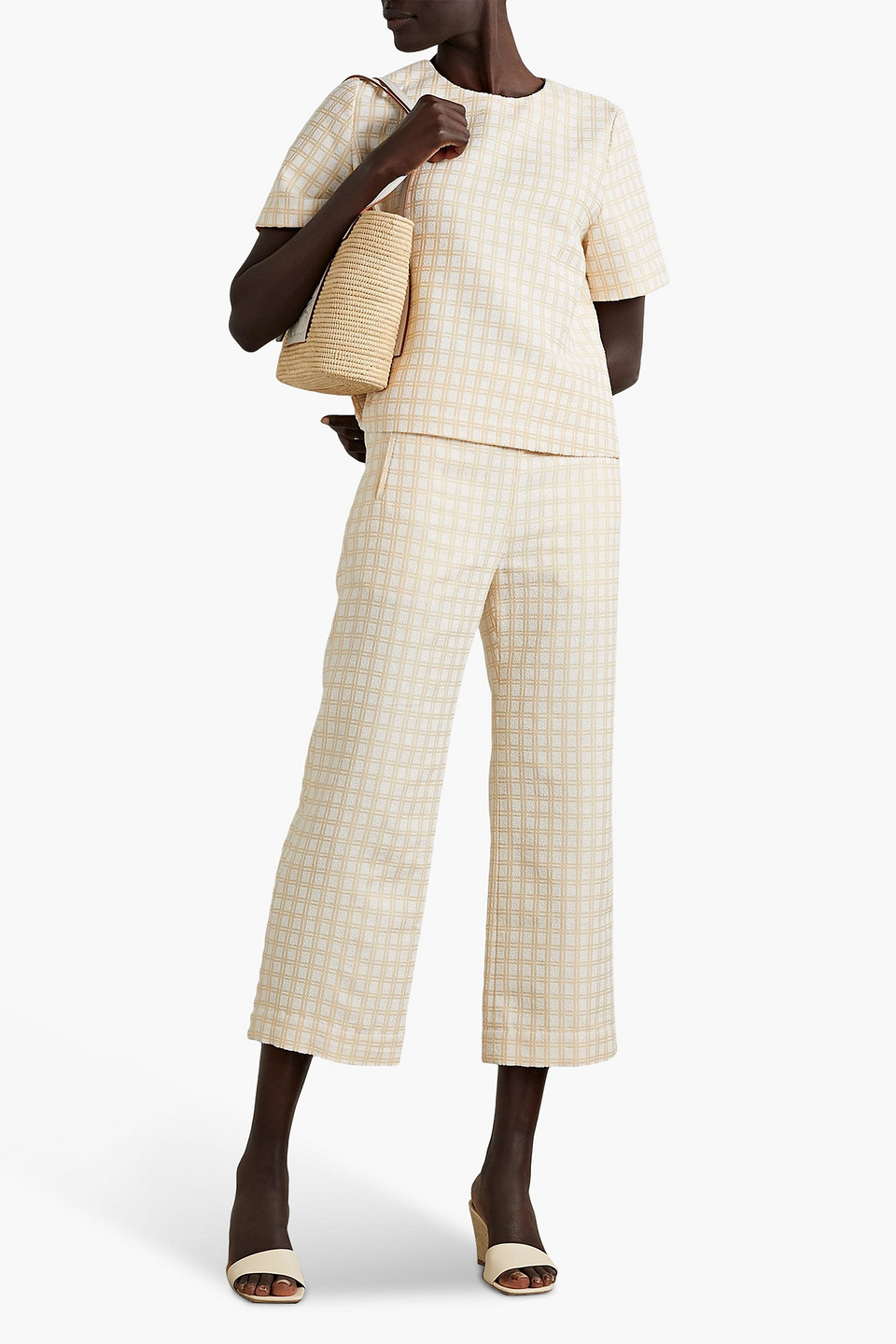 Shop Lisa Marie Fernandez Cropped Checked Cotton-blend Bouclé-jacquard Straight-leg Pants In Yellow