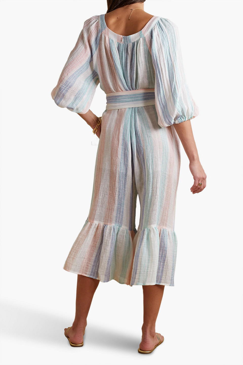 LISA MARIE FERNANDEZ LAURE CROPPED STRIPED LINEN-BLEND GAUZE JUMPSUIT