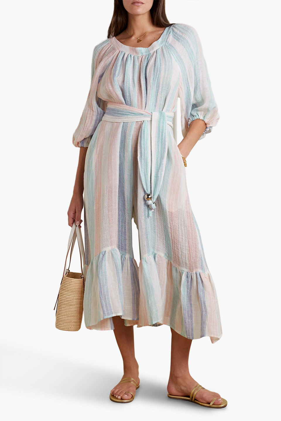 LISA MARIE FERNANDEZ LAURE CROPPED STRIPED LINEN-BLEND GAUZE JUMPSUIT