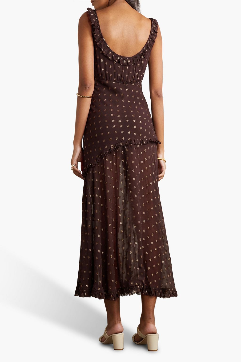 RIXO Barrette asymmetric ruffled metallic fil coupé chiffon midi dress