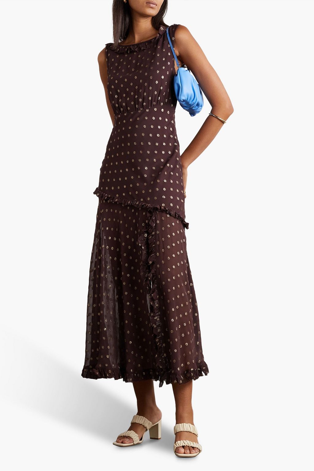 RIXO Barrette asymmetric ruffled metallic fil coupé chiffon midi dress