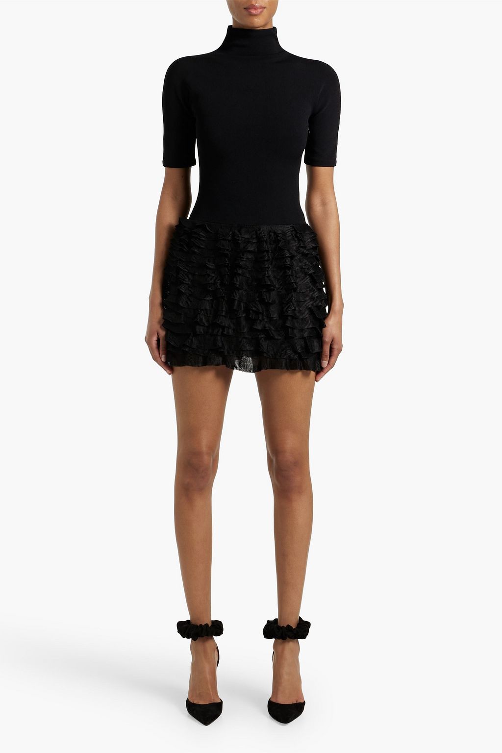 ALAÏA Ruffled ribbed and stretch-knit turtleneck mini dress