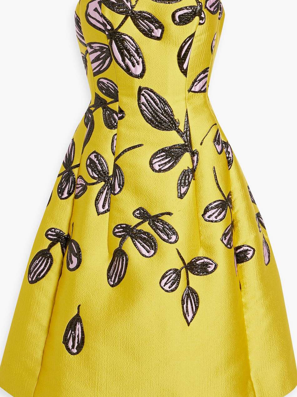 strapless metallic brocade dress