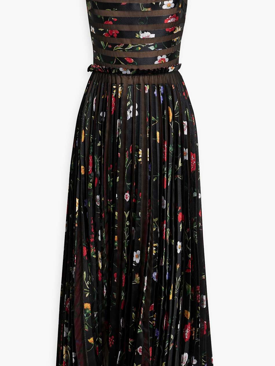pleated floral-jacquard gown