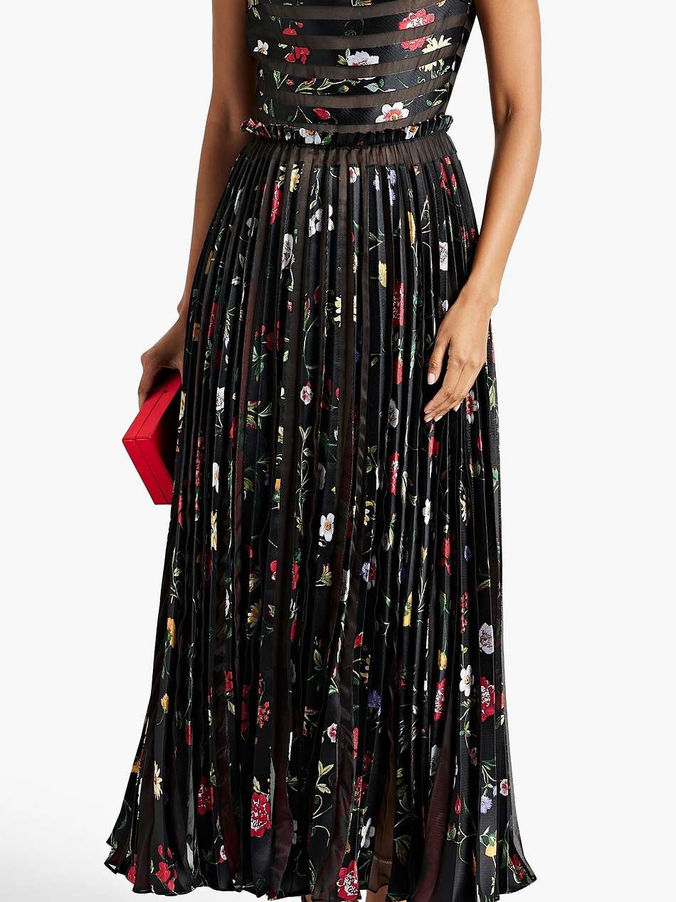 pleated floral-jacquard gown