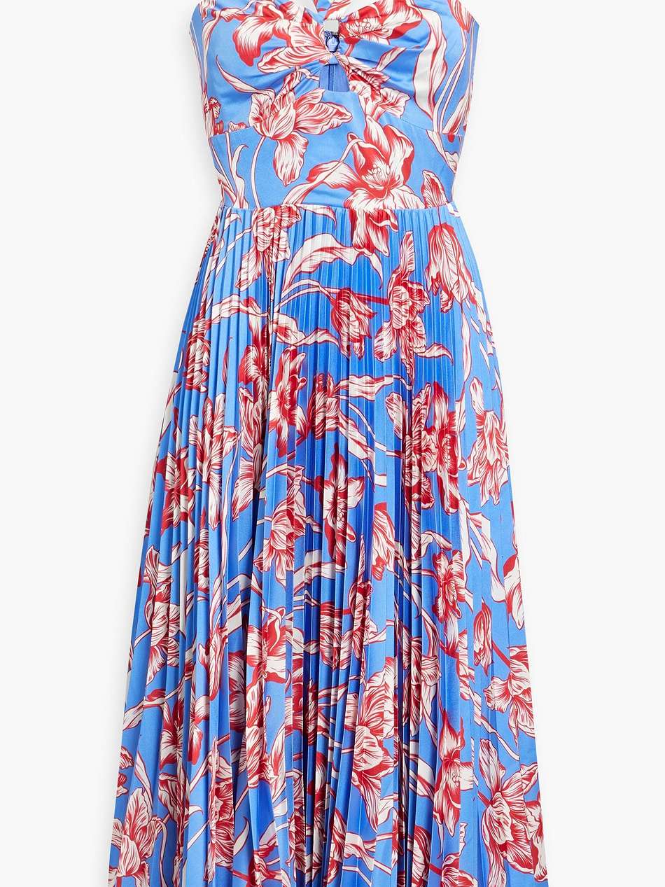 pleated floral-print satin midi dress